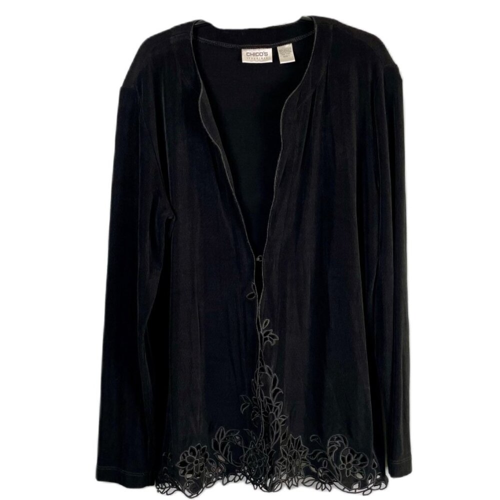 CHICOS Travelers Black Jacket with Eyelet Detailing- Size 1 (M/8)